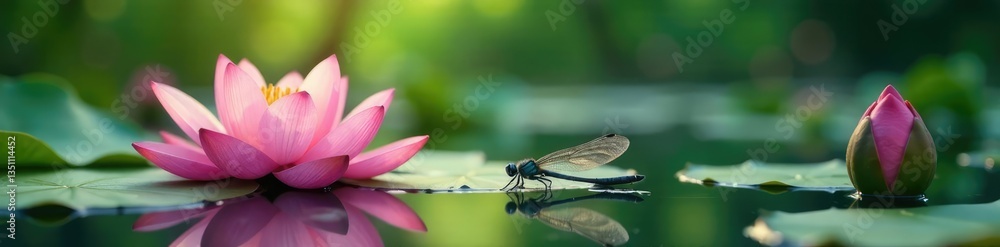 Dragonfly amidst lotus flowers in a serene environment, reflection, serenity Dragonfly amidst lotus flowers in a serene environment, reflection, serenity