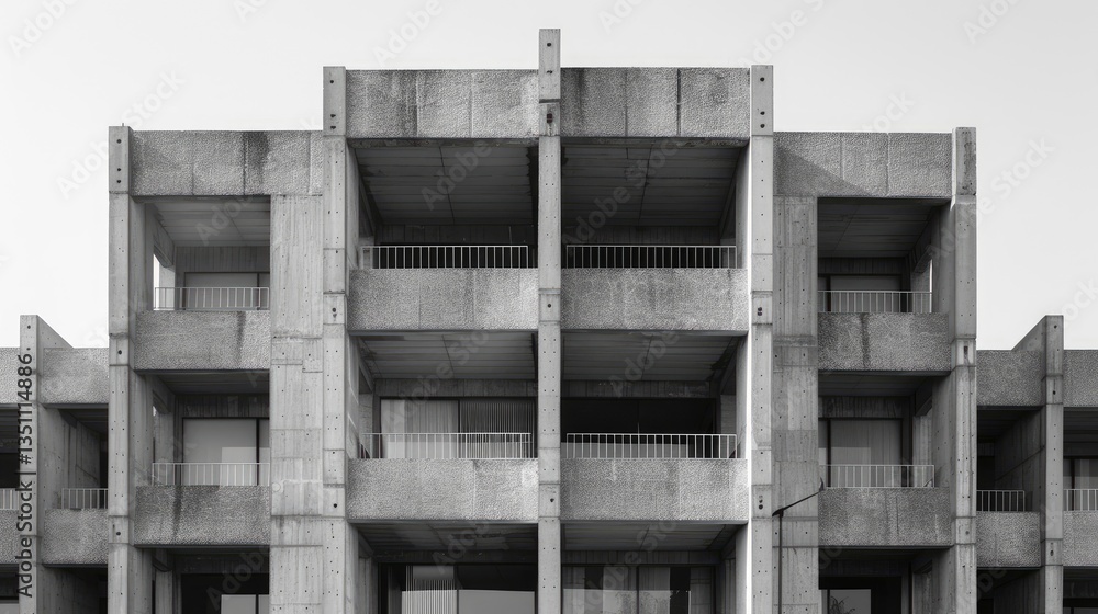 Modern concrete building facade showcasing minimalist architecture with balconies and clear skies Modern concrete building facade showcasing minimalist architecture with balconies and clear skies