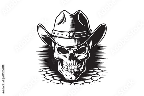 Skull Cowboy hat Black and White Vector