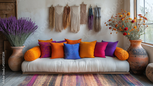 Boho-Chic Apartment with Macramé, Jewel-Toned Pillows & Dried Flowers