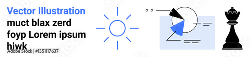 Sun icon, geometric pie chart, chess piece symbolizing strategy, energy, data analysis, and planning. Ideal for business, education, data strategy creativity energy simple landing page
