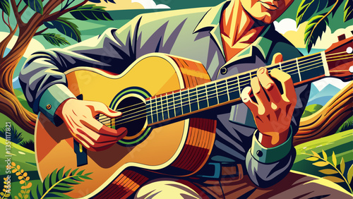 Woman playing acoustic guitar with finger catching chord on bar outdoors