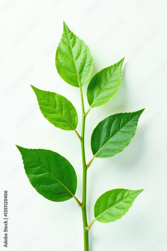 Leafy greens and stems against white background, leafy greens, botanical, green Leafy greens and stems against white background, leafy greens, botanical, green