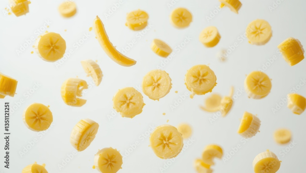 Floating Slices of Yellow Banana in Mid Air Against a Light Background Creating a Whimsical Atmosphere Floating Slices of Yellow Banana in Mid Air Against a Light Background Creating a Whimsical Atmosphere