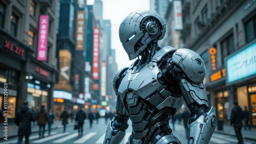 Futuristic Robot Standing in Busy Urban Street Amongst Pedestrians in Modern City Environment Futuristic Robot Standing in Busy Urban Street Amongst Pedestrians in Modern City Environment