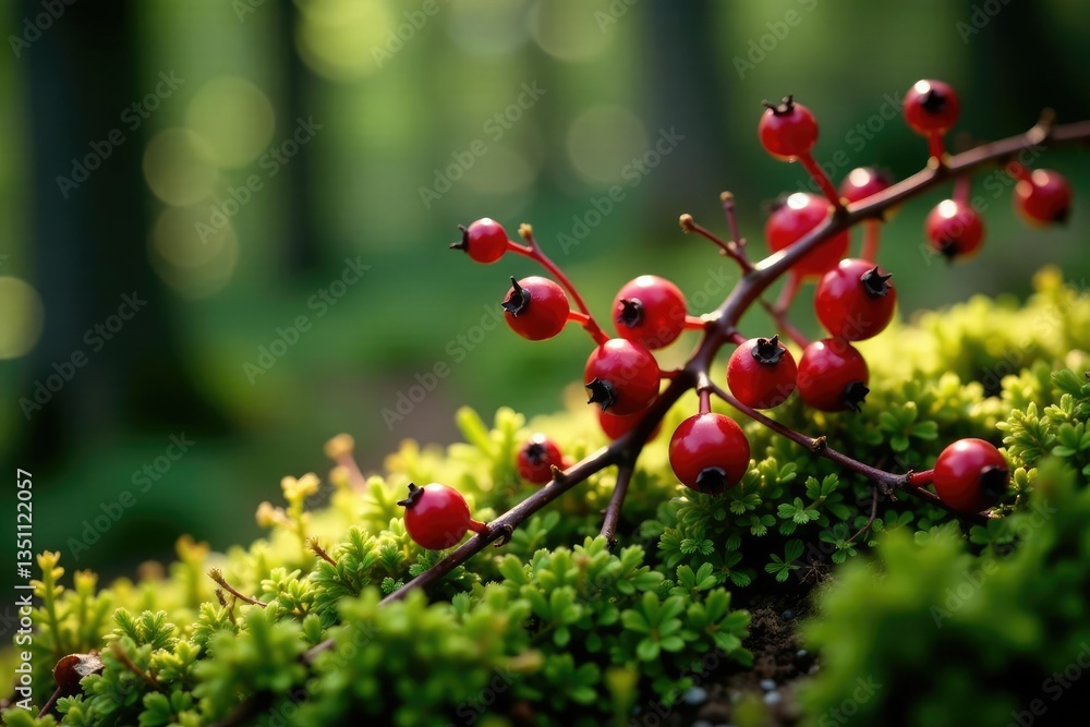 Obraz premium Lingonberry sprigs entwined with green moss and red berries, earthy tones, moss, forest