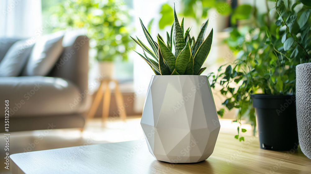 A modern vase with geometric design, sitting in a well-lit living room, surrounded by house plants A modern vase with geometric design, sitting in a well-lit living room, surrounded by house plants
