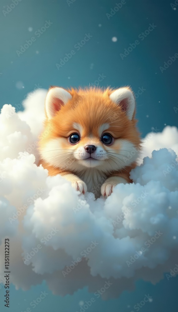 Obraz premium Little ball of fur peeking out from behind a fluffy white cloud, cute, cloud