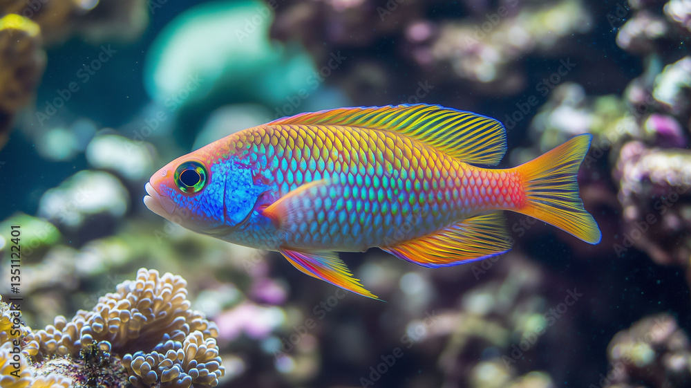 A serene underwater view of rainbow-colored fish darting through the coral, creating a lively and peaceful atmosphere A serene underwater view of rainbow-colored fish darting through the coral, creating a lively and peaceful atmosphere