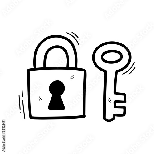 Hand Drawn Padlock and Key Illustration. Doodle Vector. Isolated on White Background - EPS 10 Vector