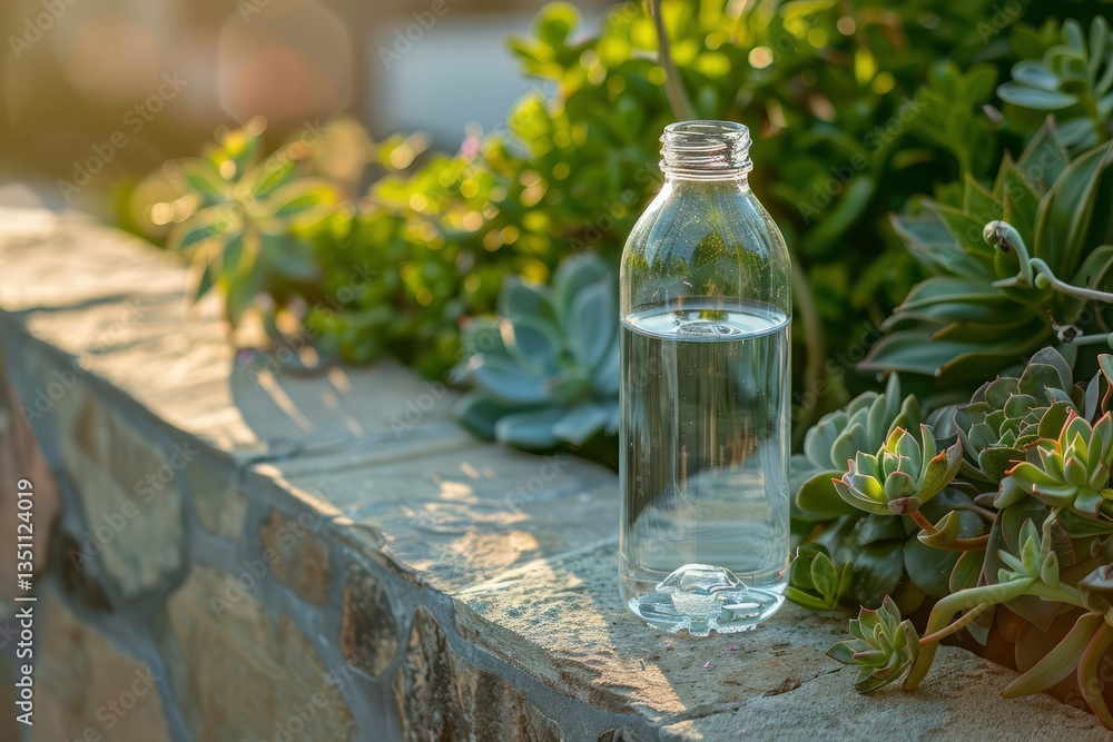Clear water bottle resting on a stone ledge surrounded by lush greenery in soft evening light Clear water bottle resting on a stone ledge surrounded by lush greenery in soft evening light