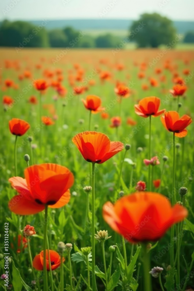 Poppy field in a lush green meadow with wildflowers, poppy, flowers Poppy field in a lush green meadow with wildflowers, poppy, flowers