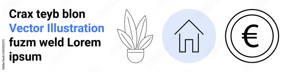Potted plant, house outline within a blue circle, and Euro symbol in a circle. Ideal for finance, home decor, nature, sustainability, real estate, banking flat landing page banner Potted plant, house outline within a blue circle, and Euro symbol in a circle. Ideal for finance, home decor, nature, sustainability, real estate, banking flat landing page banner