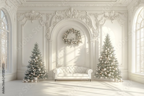 Elegant room is decorated for christmas with white themes