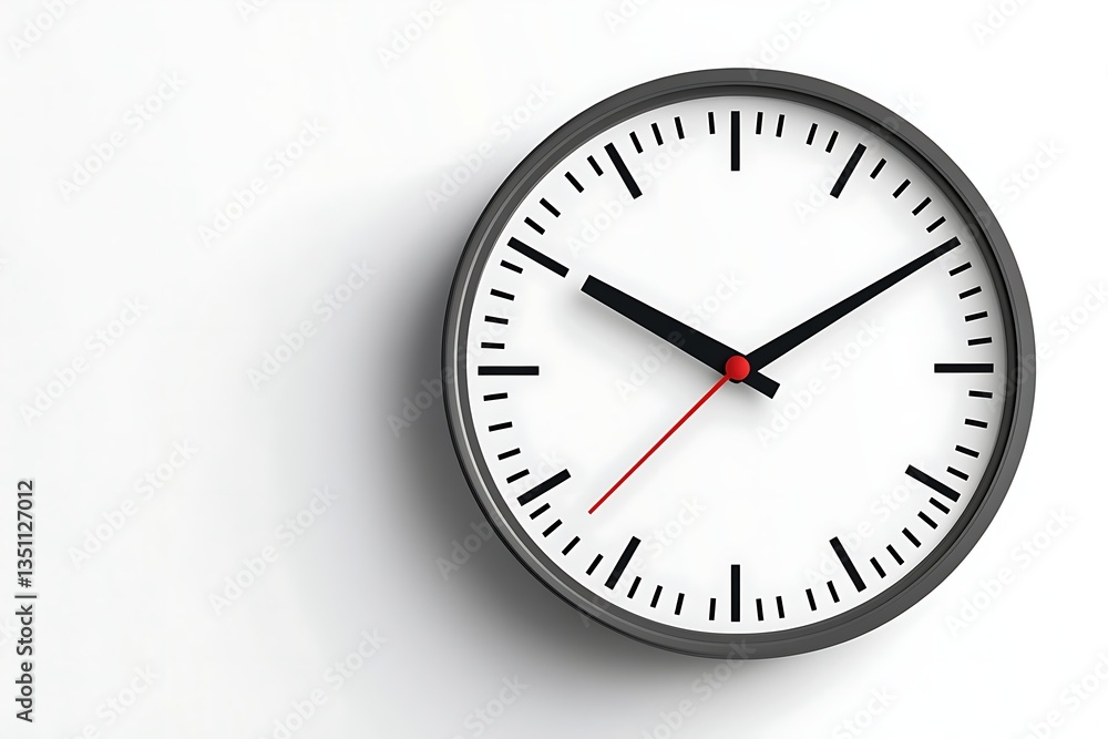 Clock with dark grey frame showing time on white wall background, concept of time and schedule Clock with dark grey frame showing time on white wall background, concept of time and schedule