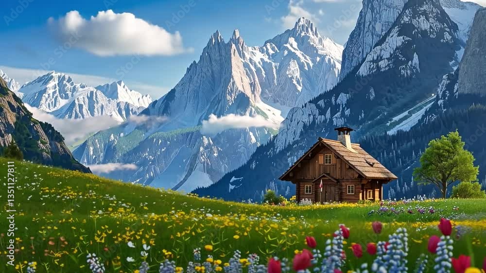 Picturesque landscape of charming wooden house surrounded by vibrant wildflowers, set against majestic mountains and clear blue sky, evokes tranquility in natures rural scenery. Picturesque landscape of charming wooden house surrounded by vibrant wildflowers, set against majestic mountains and clear blue sky, evokes tranquility in natures rural scenery.