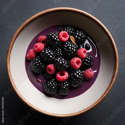 Blackberry and Raspberry Dessert in Rustic Bowl