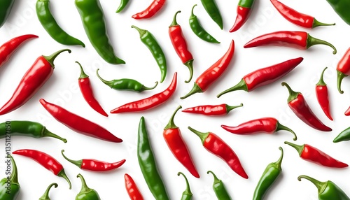Red and Green Chili Peppers Scattered on White Background