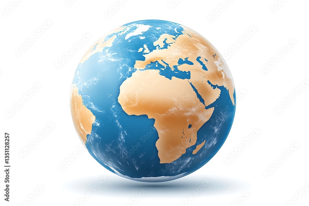 Fototapeta premium Earth globe centered, global view, continents, and oceans, on a white background for global topics