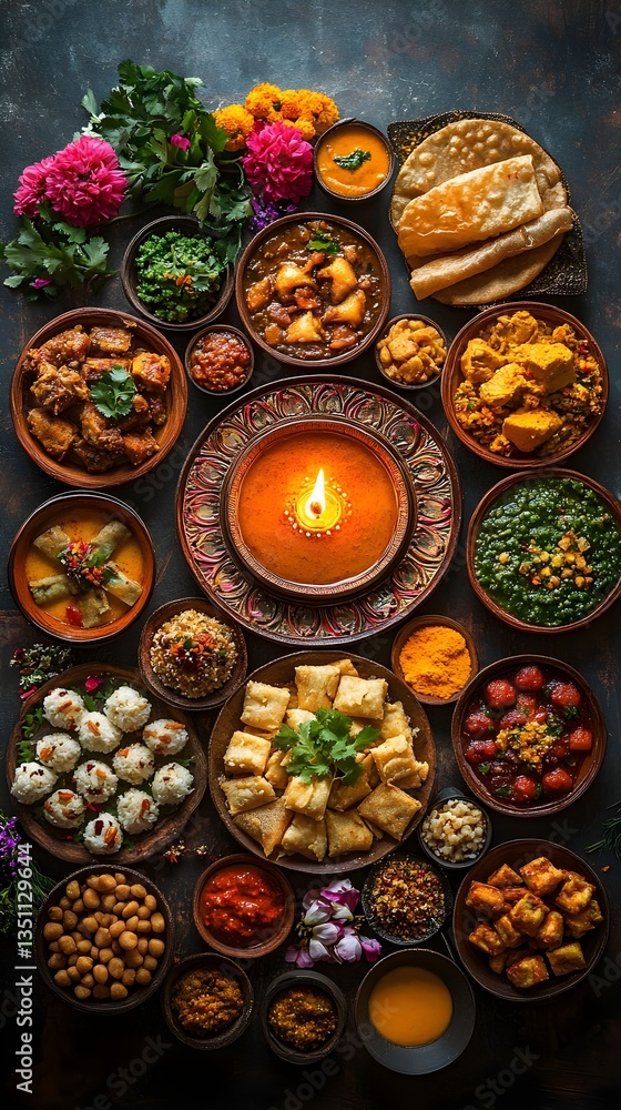 Fototapeta premium Diverse Indian Cuisine Feast Aromatic Spices Traditional Dishes Festive Table Setting