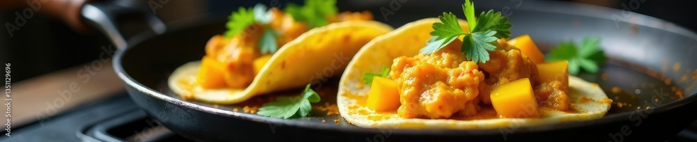 Spicy mango chicken curry tacos on a metal grill pan, spicy, grill Spicy mango chicken curry tacos on a metal grill pan, spicy, grill