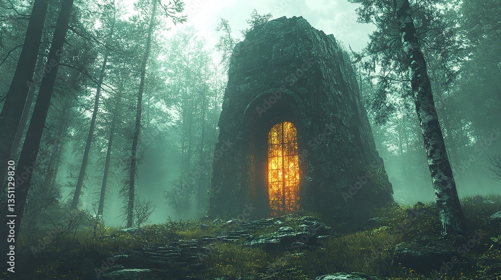 Obraz premium A stone structure in a forest illuminates with warm glowing light