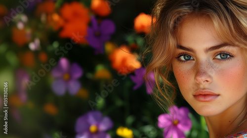 Portrait of a Young Woman with Blue Eyes and Flower in Hair