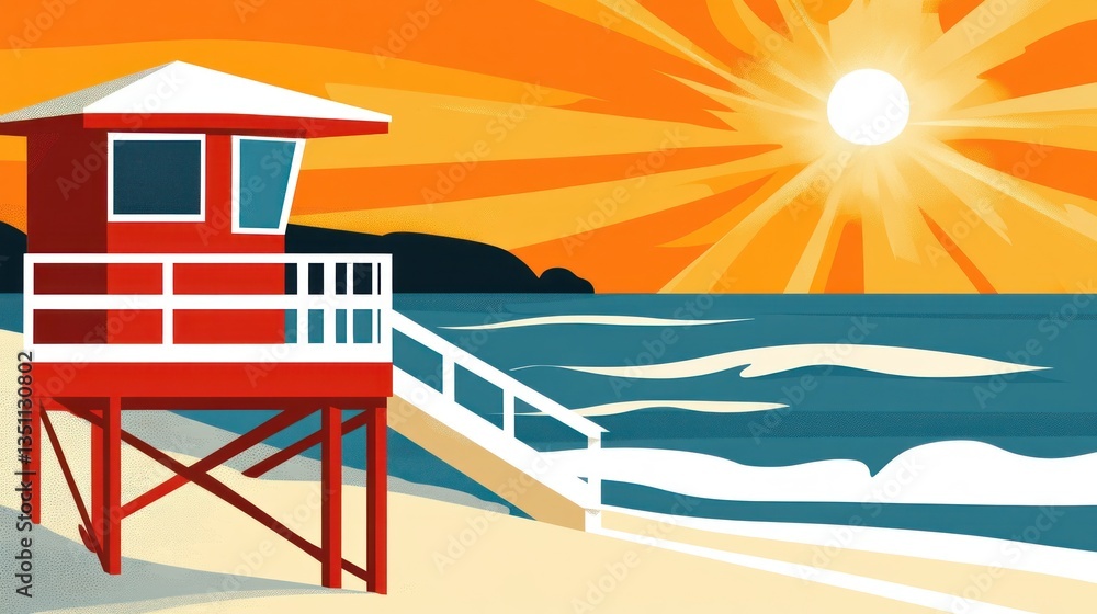 Obraz premium Coastal Lifeguard Station at Sunset