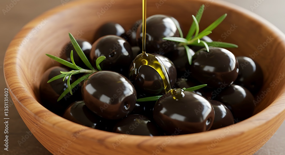 Dark Olives in Wooden Bowl with Drizzle of Oil and Herbs Dark Olives in Wooden Bowl with Drizzle of Oil and Herbs