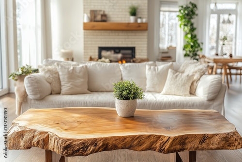 Bright living room features a natural edge wood coffee table