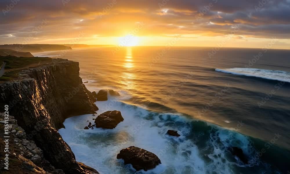 Majestic Coastal Sunset: A breathtaking view of the dramatic cliffs, ocean waves, and golden sunset. Majestic Coastal Sunset: A breathtaking view of the dramatic cliffs, ocean waves, and golden sunset.