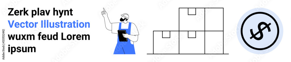 Worker in overalls with a clipboard, stacked cardboard boxes, and a currency icon. Ideal for logistics, shipping, supply chain, financial planning, warehouse management, e-commerce and a simple Worker in overalls with a clipboard, stacked cardboard boxes, and a currency icon. Ideal for logistics, shipping, supply chain, financial planning, warehouse management, e-commerce and a simple