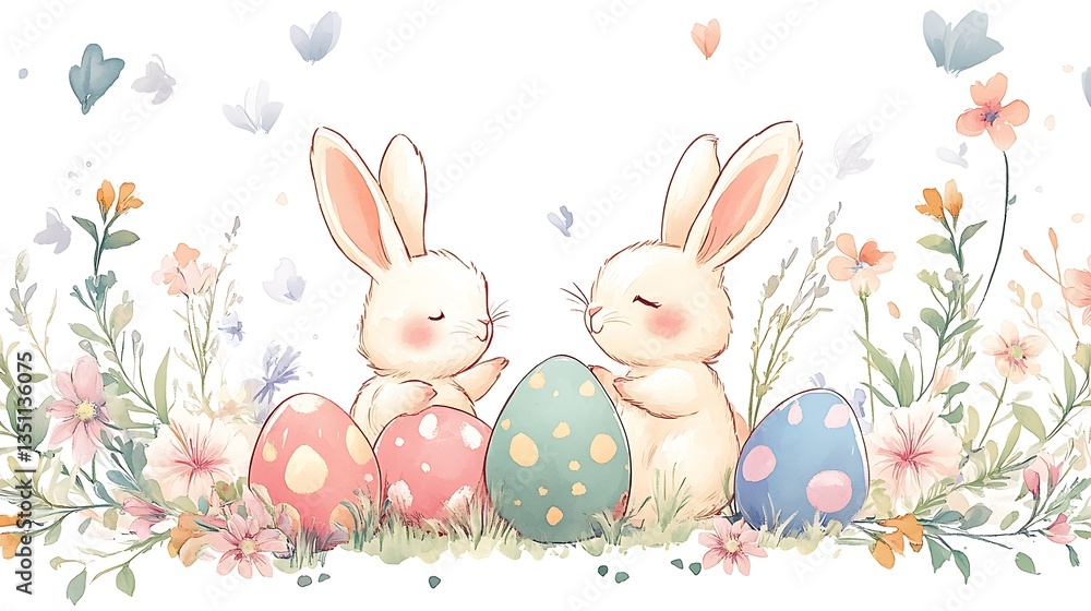 Obraz premium Easter bunnies with eggs, and flowers. (68)