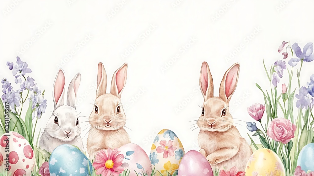 Obraz premium Easter bunnies with eggs, and flowers. (3)