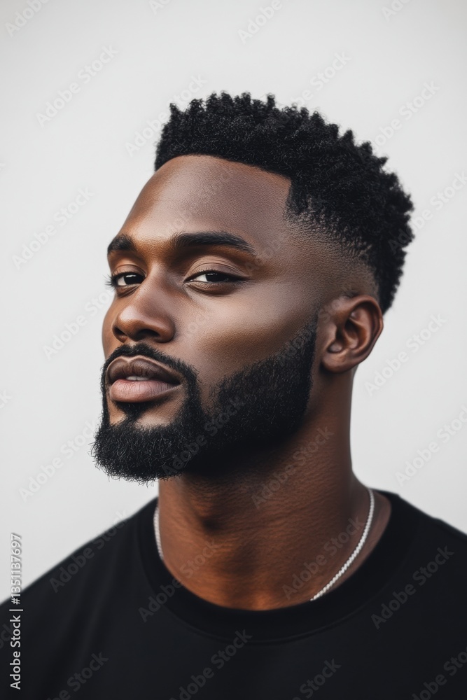 Fototapeta premium Portrait of a confident young man with a stylish haircut and well-groomed beard showcasing attitude in a modern urban setting