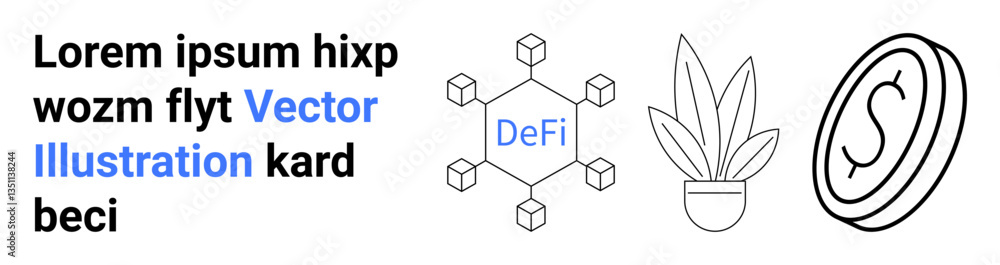 Obraz premium Conceptual blockchain network showcasing DeFi, minimalist coin symbol, and potted plant. Ideal for technology, finance, cryptocurrency, innovation, eco-conscious themes, investment flat landing page
