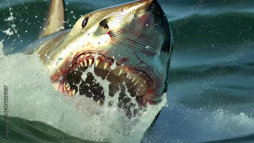 Fatal shark attack near a popular beach, during midday in a coastal area, showcasing a great white shark breaching the surface with an open mouth and exposed teeth