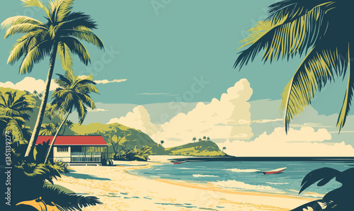 Vintage Caribbean Island Postcard with Pristine Beach and Retro Tropical Vibes