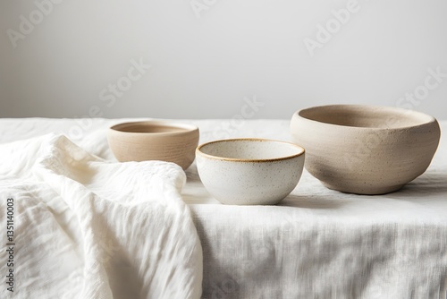 Wallpaper Mural Arrangement of Pottery Bowls on White Linen Fabric Surface Still Life Torontodigital.ca