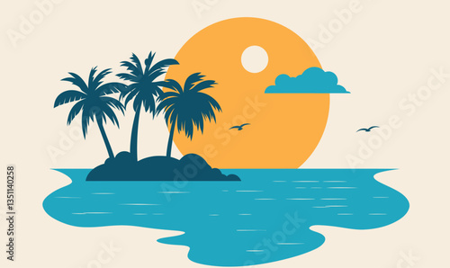 Minimalist Vector of Tropical Island at Sunset for Relaxation and Travel Themes