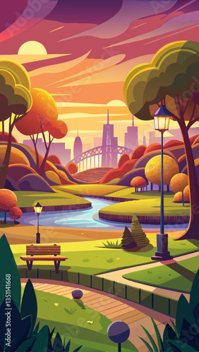  park landscape at golden hour with trees and city skyline