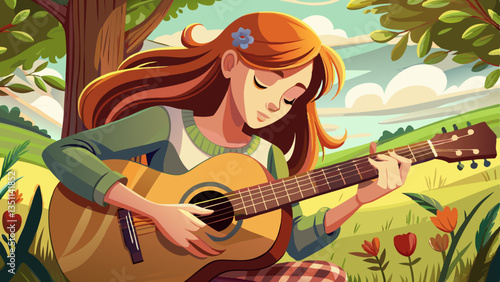 Woman playing acoustic guitar with finger catching chord on bar outdoors