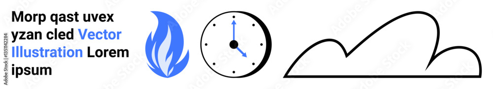 Blue flame, analog clock, and minimalist black cloud sketch highlight concepts of time, energy, nature, urgency, simplicity, sustainability. Ideal for branding posters simple landing page Blue flame, analog clock, and minimalist black cloud sketch highlight concepts of time, energy, nature, urgency, simplicity, sustainability. Ideal for branding posters simple landing page