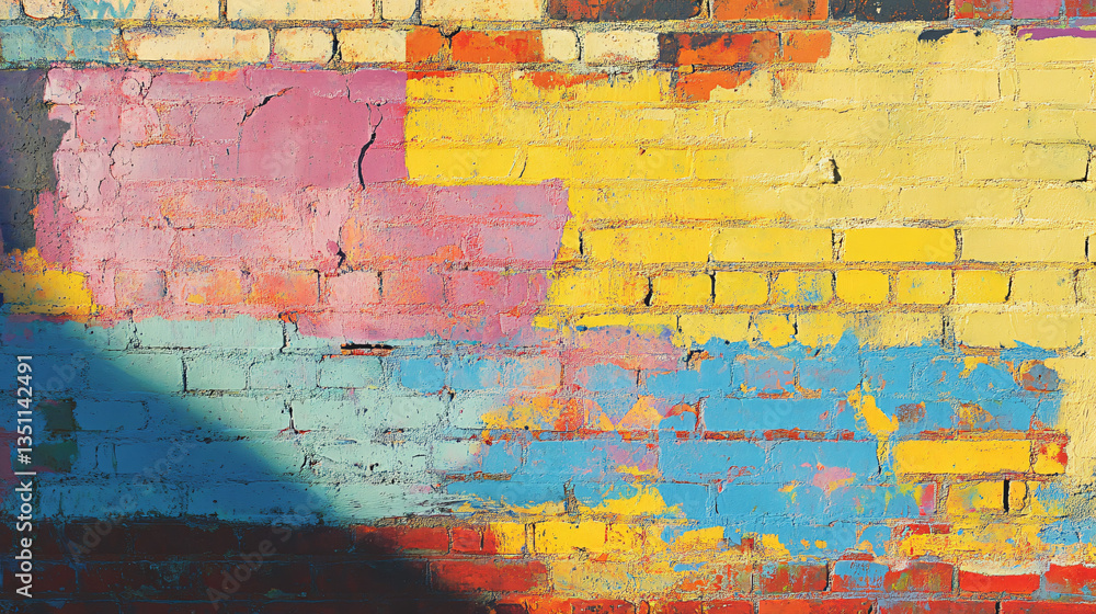 Fototapeta premium A brightly colored graffiti painting on a brick wall showcasing artistic expression and vibrant colors in an urban environment.
