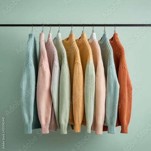 Pastel Knitwear Collection Hanging on Rack