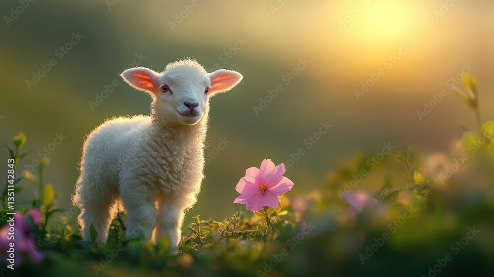 Fototapeta premium Cute lamb or sheep on green background with pink flowers, easter card. Spring and easter, innocence and tranquility concept