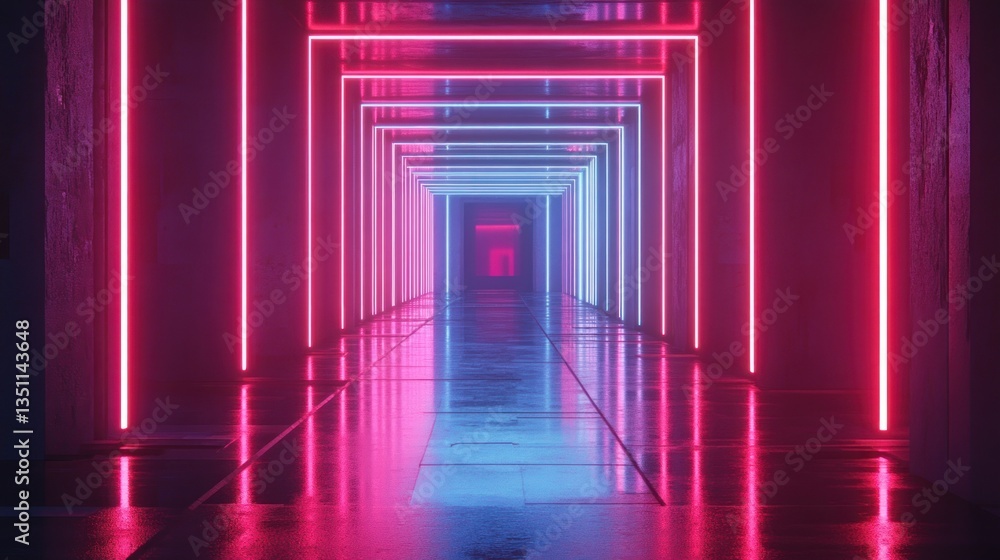 Neon Corridor, Empty, Futuristic, Reflective, Perspective Neon Corridor, Empty, Futuristic, Reflective, Perspective