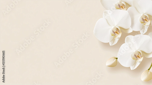 A high-quality, minimalist photograph of pure white orchids in sharp focus. The image captures the silky petals and intricate details of the flower, set against a softly blurred pale beige background.