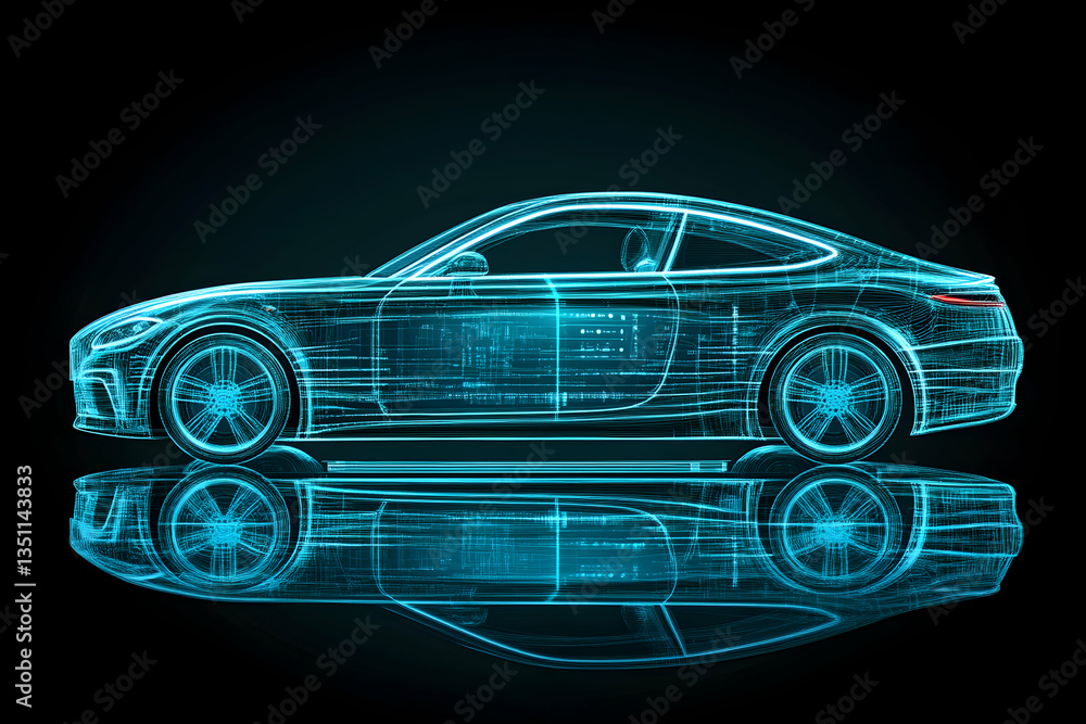 Futuristic car design concept, digital wireframe model of a sleek coupe reflecting on a dark surface. Ideal for automotive, technology, and innovation projects. Futuristic car design concept, digital wireframe model of a sleek coupe reflecting on a dark surface. Ideal for automotive, technology, and innovation projects.