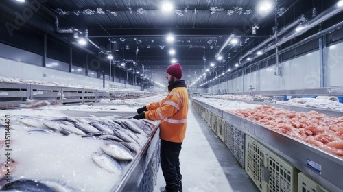 A person checking the temperature of refrigerated fish storage in a factory warehouse, ensuring freshness